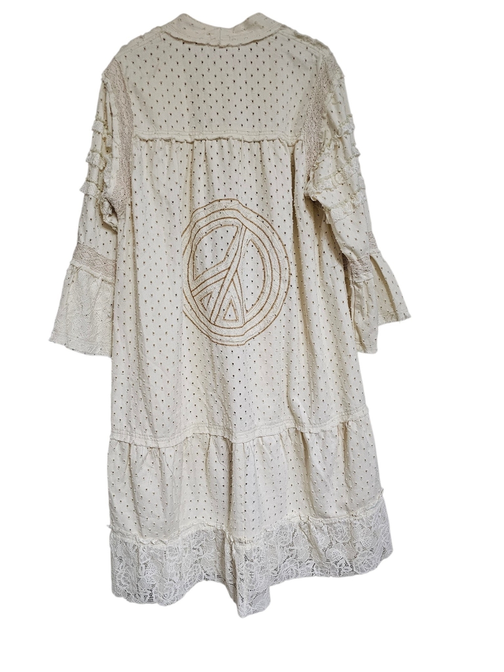 POL Cream Denim And Lace Open-Front Tiered Boho Duster - Picture 4 of 6